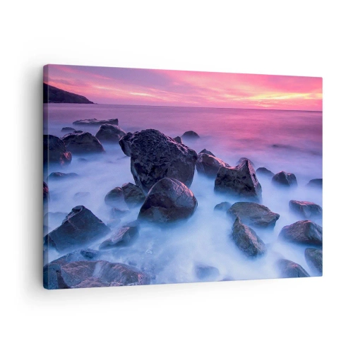 Impression sur toile - Image sur toile - Côte rocheuse au coucher du soleil - 70x50cm - Naissance dans la lumière et le brouillard - Décoration murale moderne pour le salon et la chambre ARTTOR