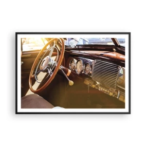 Affiche dans un cadre noir - Poster - Gros plan de l'intérieur d'une voiture classique avec des détails en bois et en chrome. - 100x70cm - Souffle de luxe venu du passé - Décoration murale moderne pour le salon et la chambre ARTTOR