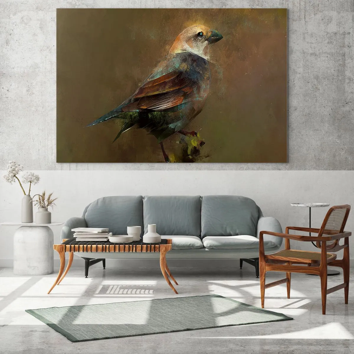 Impression sur verre - Image sur verre - Un moineau dans un style artistique et pictural sur un fond neutre - 100x70cm - Un moineau, un petit oiseau - Décoration murale moderne pour le salon et la chambre ARTTOR