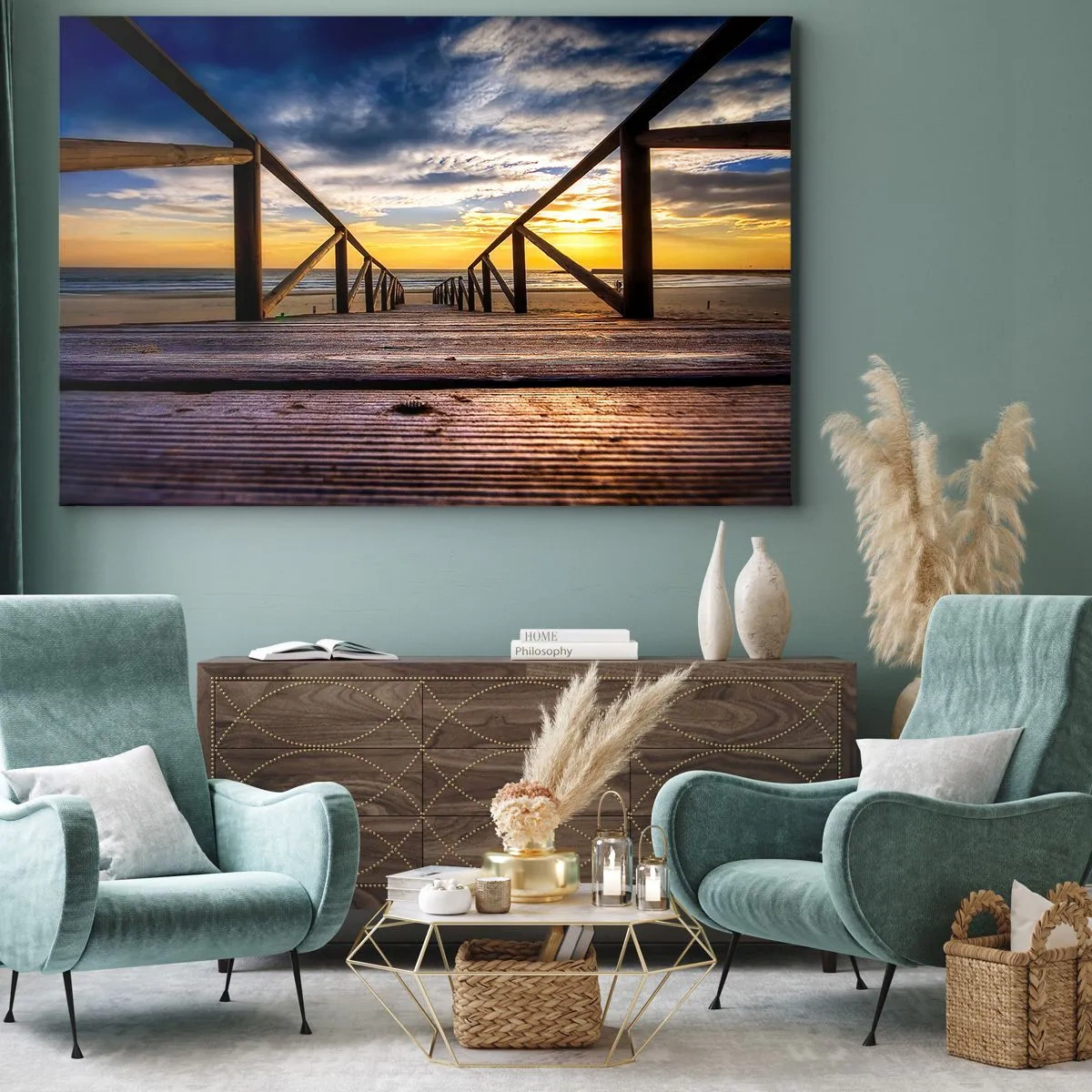 Impression sur toile - Image sur toile - Jetée en bois menant à la plage au coucher du soleil - 100x70cm - Directement sur une plage calme au coucher de soleil - Décoration murale moderne pour le salon et la chambre ARTTOR
