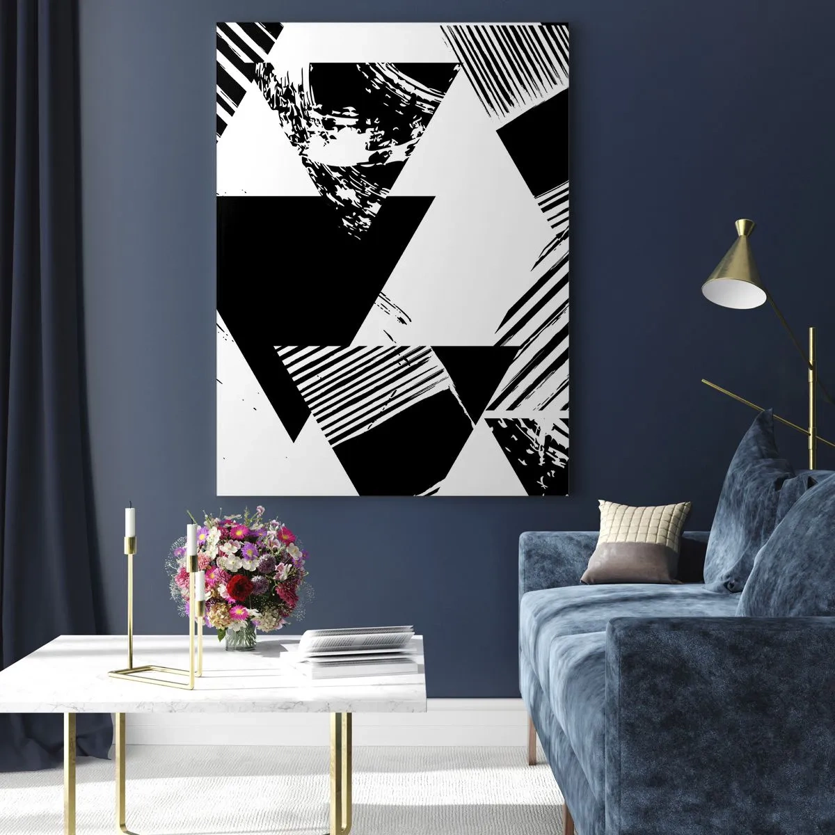 Impression sur verre - Image sur verre - Motifs géométriques noirs et blancs avec des motifs triangulaires - 50x70cm - Pluie de triangles - Décoration murale moderne pour le salon et la chambre ARTTOR