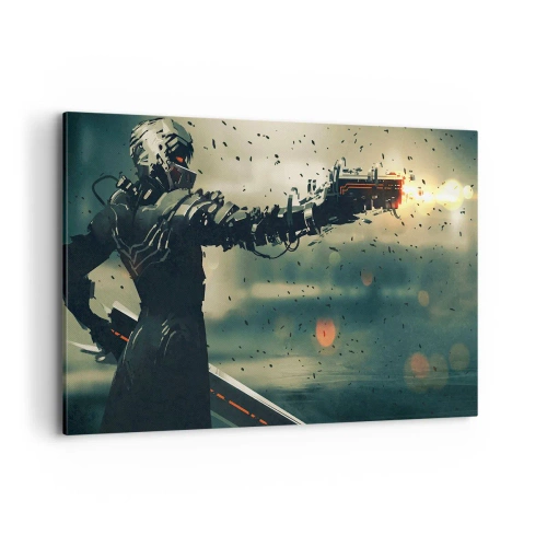 Impression sur toile - Image sur toile - Guerrier cybernétique avec des armes futuristes - 120x80cm - L'arme fatale - Votre propre Terminator - Décoration murale moderne pour le salon et la chambre ARTTOR