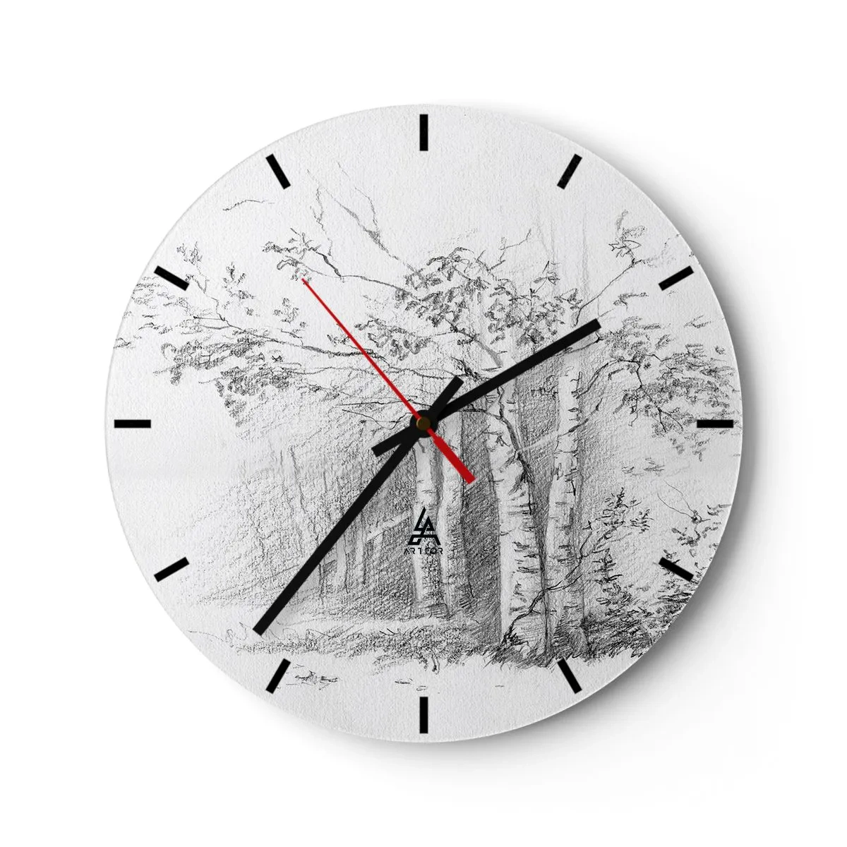 Horloge murale - Pendule murale - Un dessin au crayon d'arbres dans un paysage forestier - 30x30cm - Lumière d'une forêt de bouleaux - Décoration murale moderne pour le salon, la cuisine et la chambre ARTTOR