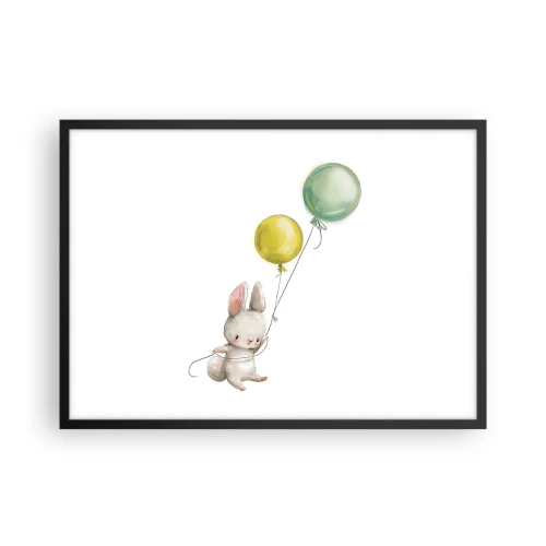 Affiche dans un cadre noir - Poster - Un lapin tenant des ballons aux couleurs pastel - 70x50cm - Moi aussi je vole! - Décoration murale moderne pour le salon et la chambre ARTTOR