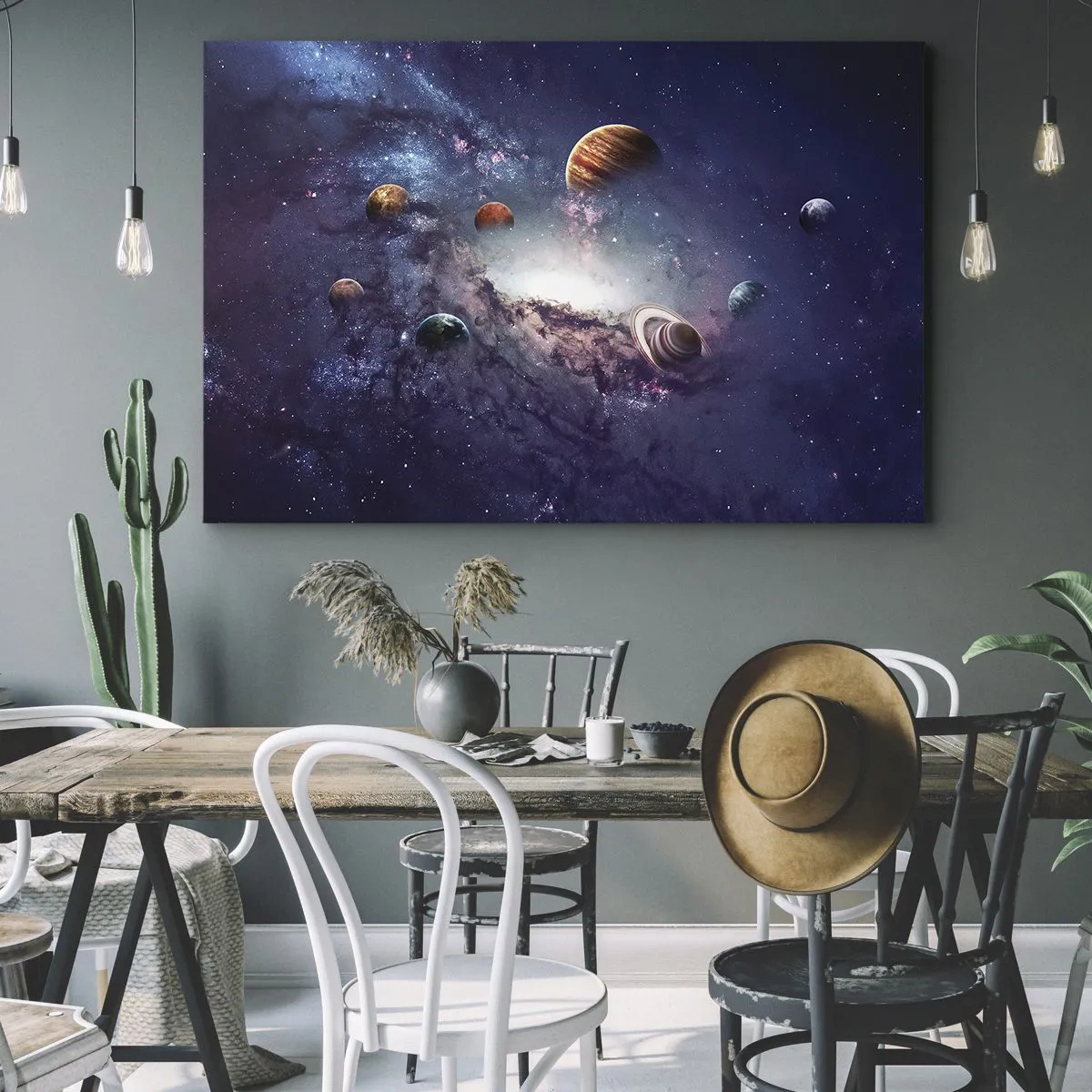 Impression sur toile - Image sur toile - Planètes dans une galaxie avec une nébuleuse en arrière-plan - 100x70cm - Système de danse solaire - Décoration murale moderne pour le salon et la chambre ARTTOR