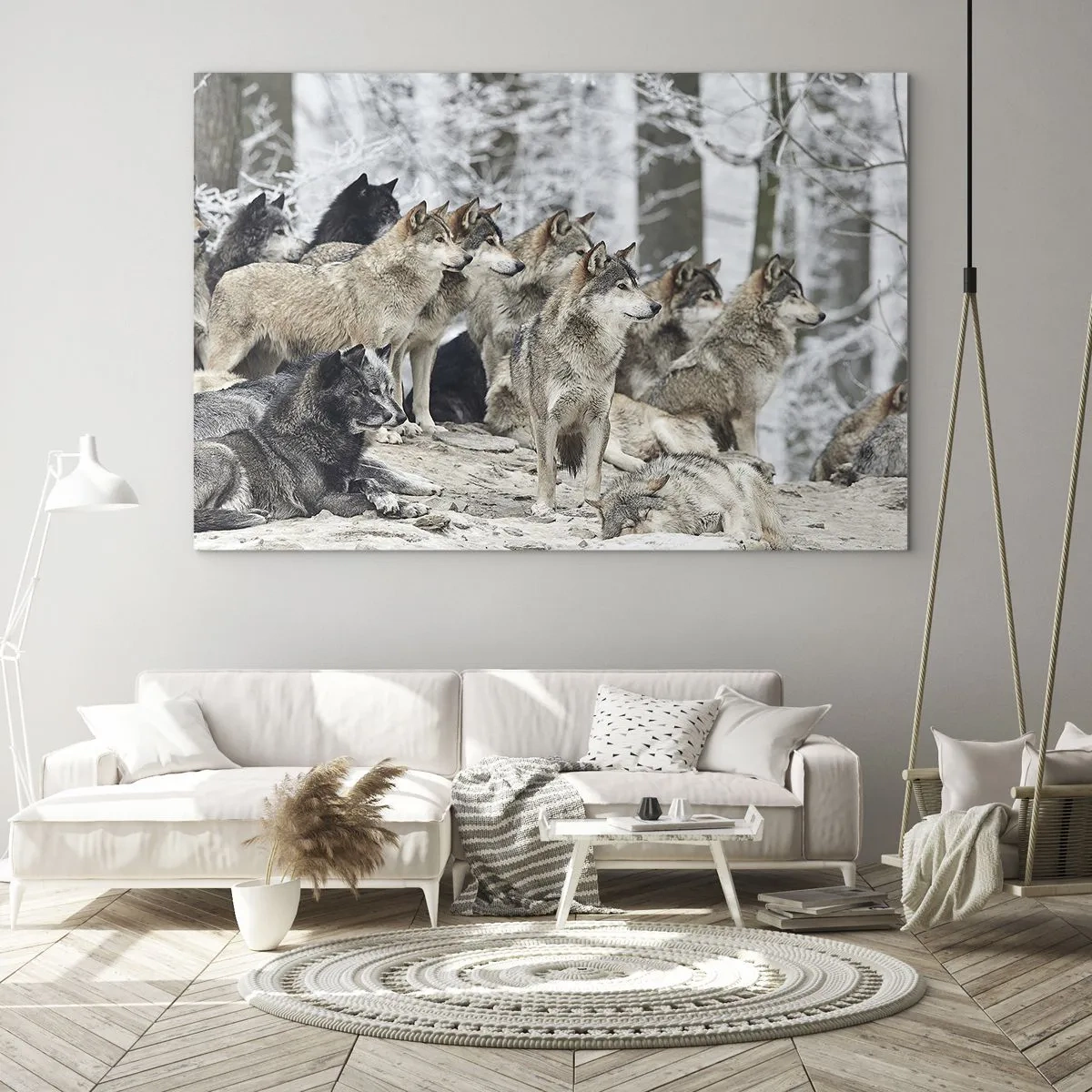 Impression sur verre - Image sur verre - Une meute de loups dans la forêt d'hiver - 70x50cm - Famille et amis - Décoration murale moderne pour le salon et la chambre ARTTOR