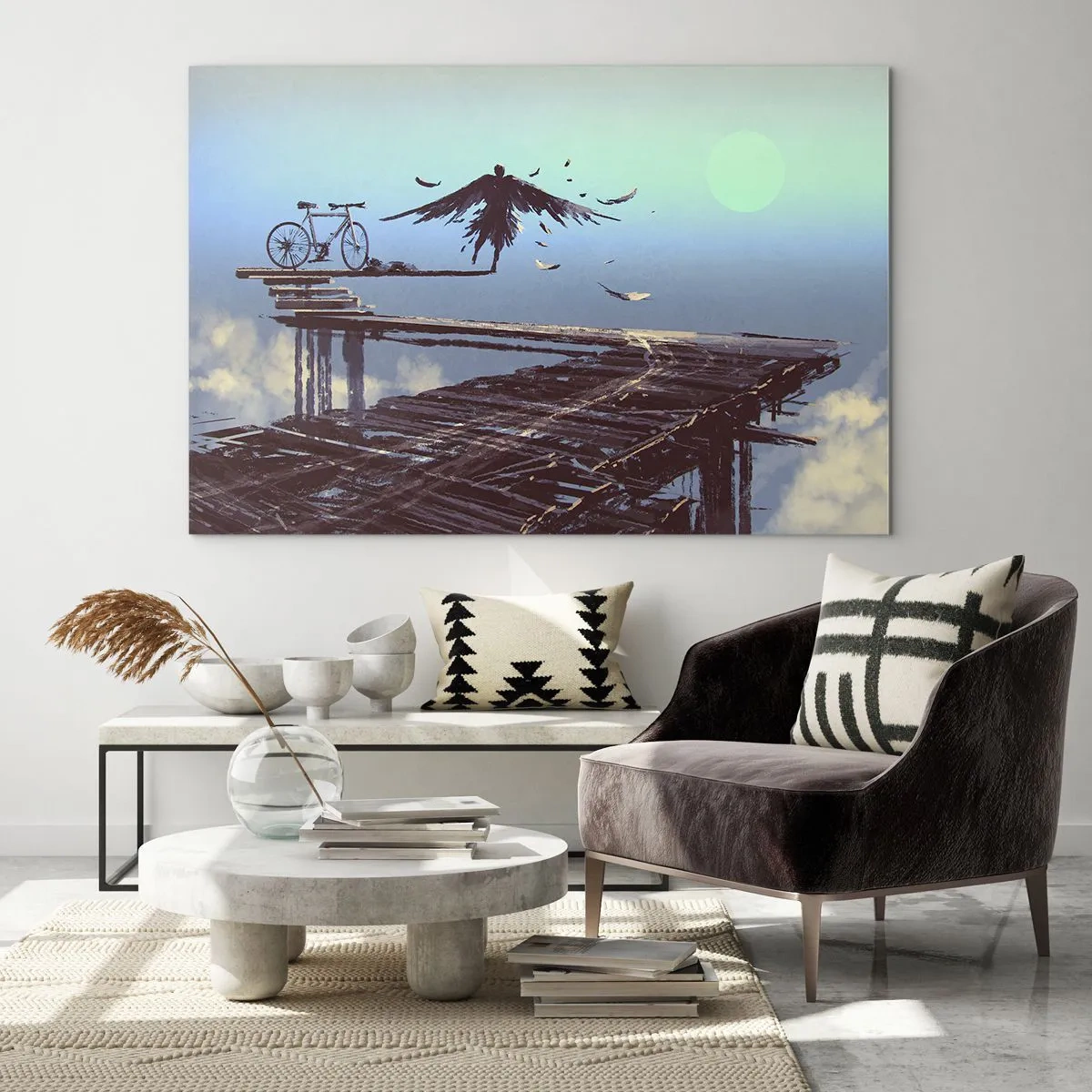 Impression sur verre - Image sur verre - Une silhouette avec un vélo sur un pont en bois au-dessus des nuages - 100x70cm - Icare est toujours vivant - Décoration murale moderne pour le salon et la chambre ARTTOR
