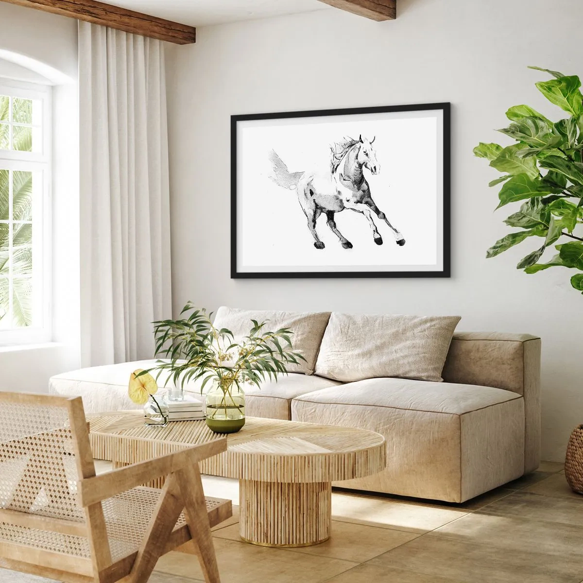 Affiche dans un cadre noir - Poster - Croquis d'un cheval au galop dans des tons de noir et blanc - 70x50cm - Âme indomptée - Décoration murale moderne pour le salon et la chambre ARTTOR