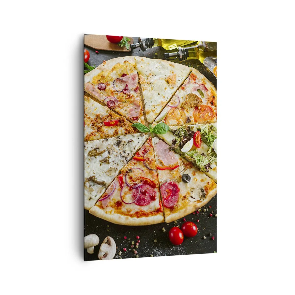 Impression sur toile - Image sur toile - Pizza aux saveurs variées avec un fond de garnitures - 80x120cm - Une gamme de saveurs - Décoration murale moderne pour le salon et la chambre ARTTOR