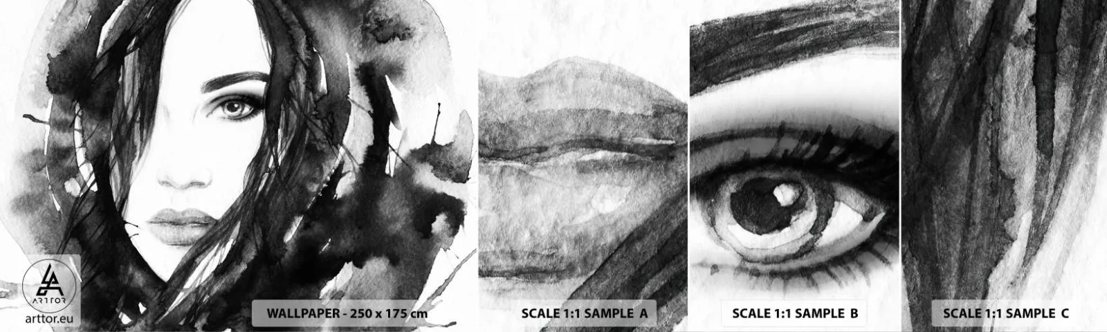 Échantillon de Papier Peint Autocollant Deluxe Sticker - Portrait d'une dame en noir et blanc - Abstraction, Visage de femme, Portrait - 100x30 cm