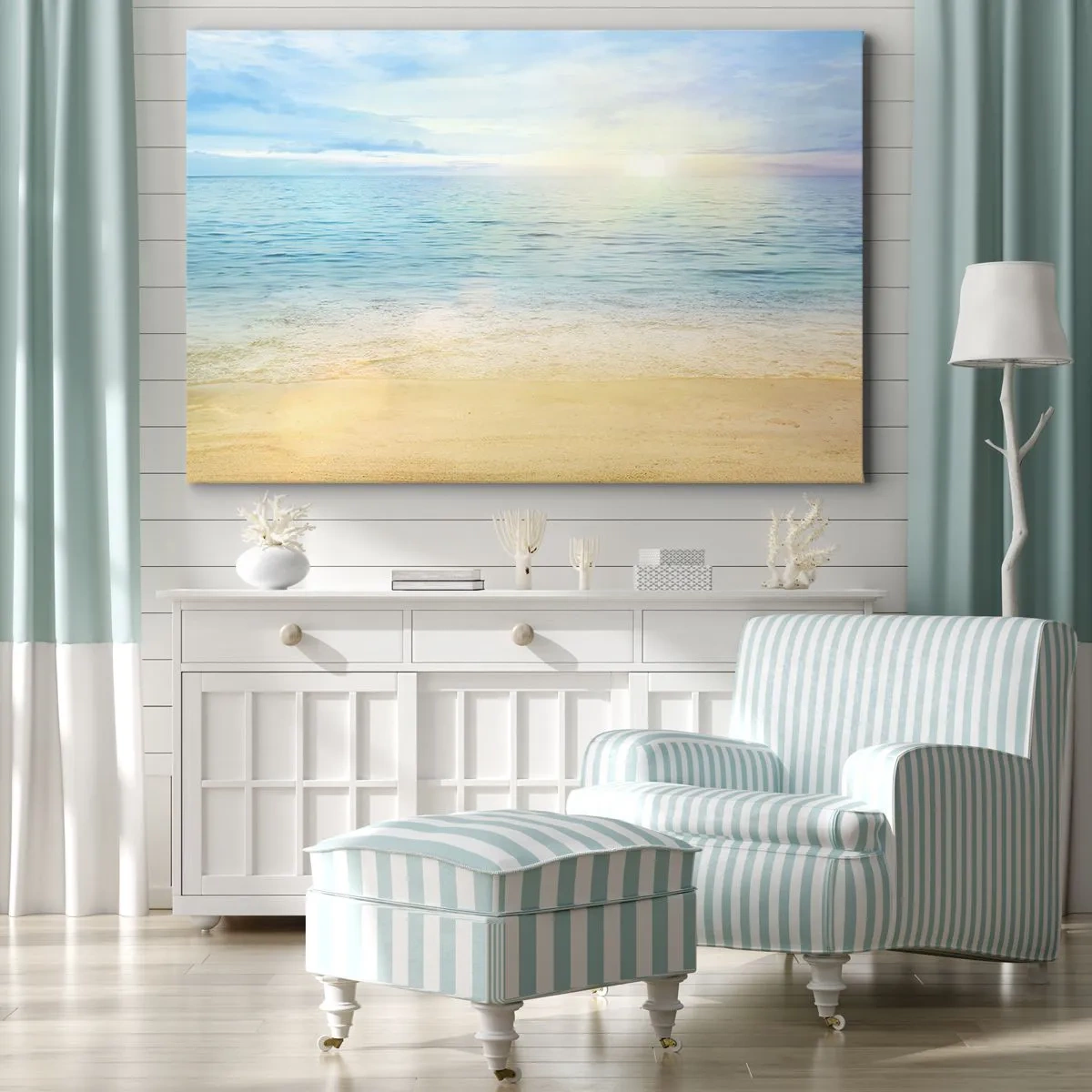 Impression sur toile - Image sur toile - Une plage avec une mer turquoise et un ciel clair - 120x80cm - Le grand bleu - Décoration murale moderne pour le salon et la chambre ARTTOR