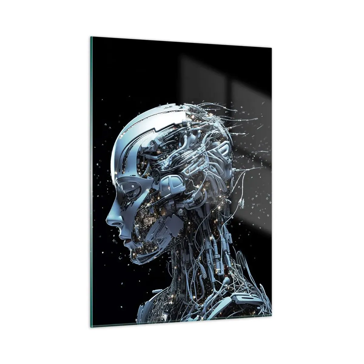 Impression sur verre - Image sur verre - Profil d'un robot féminin avec fils et mécanismes - 50x70cm - La technologie est une femme - Décoration murale moderne pour le salon et la chambre ARTTOR