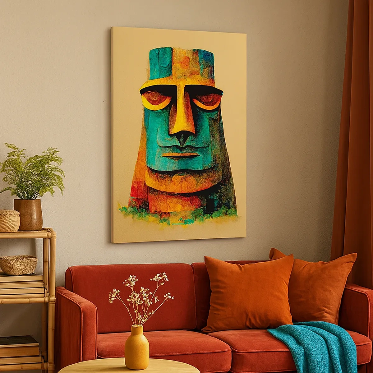 Impression sur toile - Image sur toile - Statue colorée de l'île de Pâques - 50x70cm - Statuesque et sympathique - Décoration murale moderne pour le salon et la chambre ARTTOR