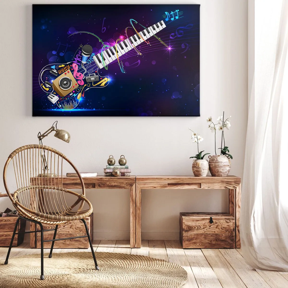 Impression sur toile - Image sur toile - Une guitare colorée avec un clavier et un microphone sur un fond sombre. - 100x70cm - Et tout va bien - Décoration murale moderne pour le salon et la chambre ARTTOR