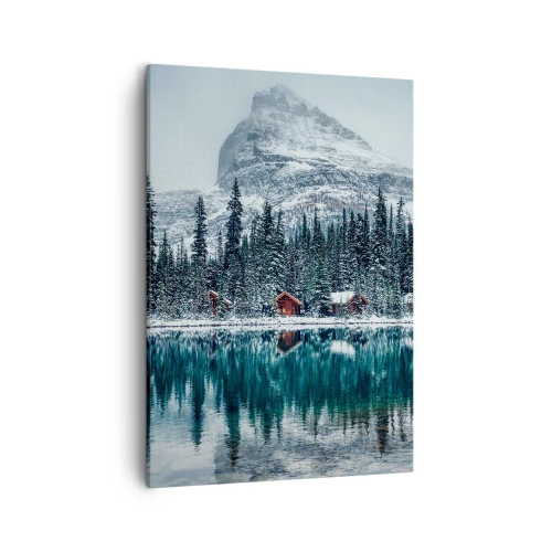 Impression sur toile - Image sur toile - Paysage d'hiver avec des chalets dans la forêt au bord d'un lac gelé - 50x70cm - Retraite canadienne - Décoration murale moderne pour le salon et la chambre ARTTOR