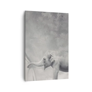 Impression sur toile - Image sur toile - Un éléphant tire le rideau dans une photo surréaliste en noir et blanc - 70x100cm - Révéler le mystère - Décoration murale moderne pour le salon et la chambre ARTTOR