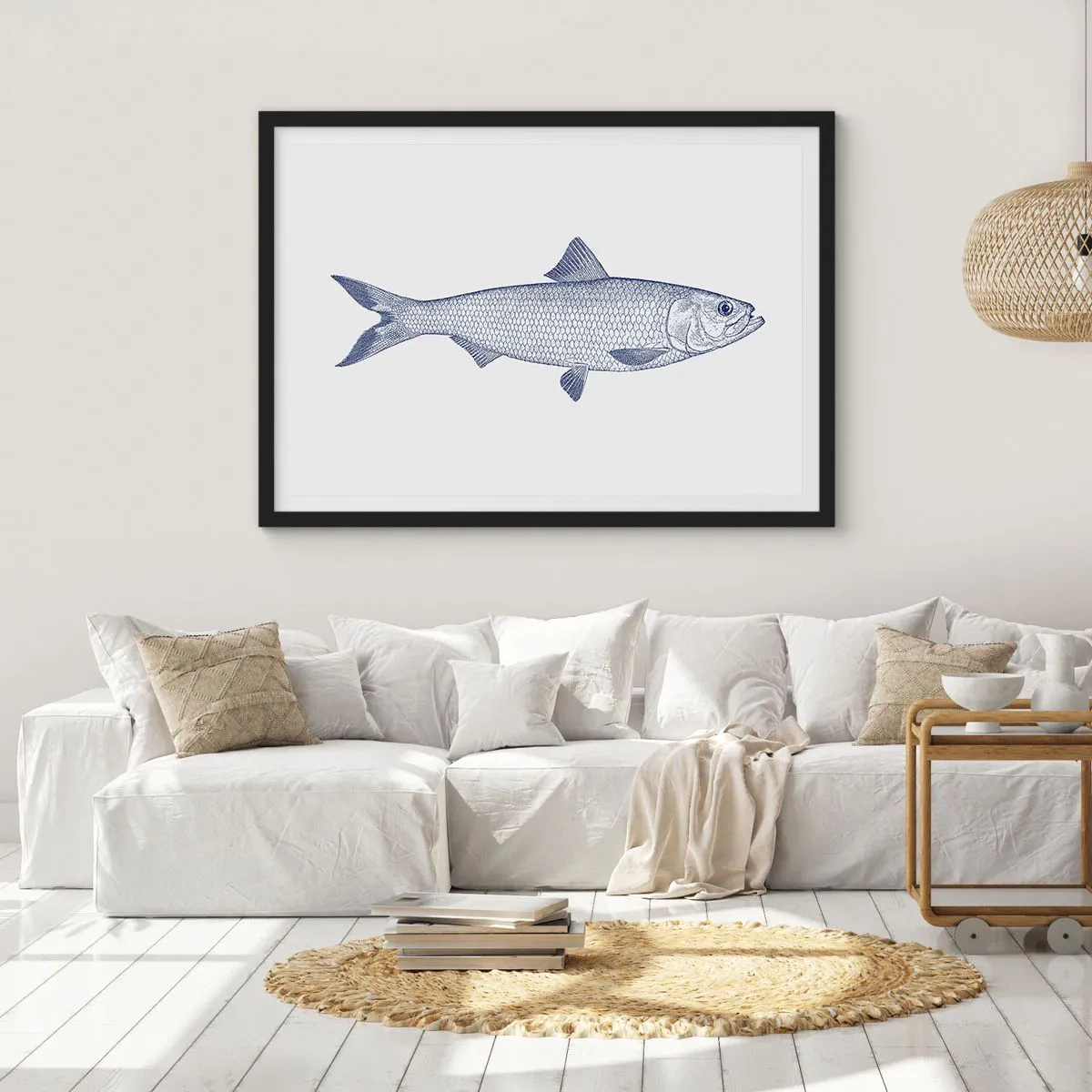 Affiche dans un cadre noir - Poster - Illustration d'un poisson dans des tons de bleu sur fond clair - 100x70cm - Salutations des mers du nord - Décoration murale moderne pour le salon et la chambre ARTTOR