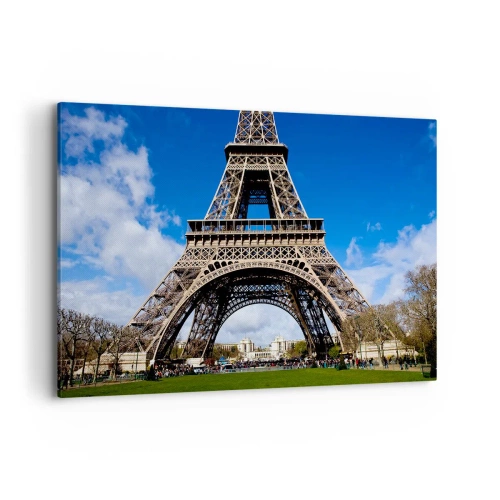 Impression sur toile - Image sur toile - La Tour Eiffel sur fond de ciel bleu et de parc verdoyant - 120x80cm - Tout Paris à ses pieds - Décoration murale moderne pour le salon et la chambre ARTTOR