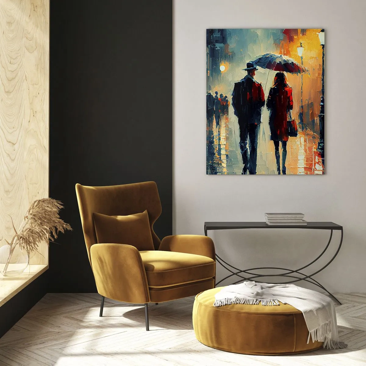 Impression sur verre - Image sur verre - Marcher sous la pluie sous un parapluie en ville la nuit - 70x100cm - Histoire d'amour urbaine - Décoration murale moderne pour le salon et la chambre ARTTOR