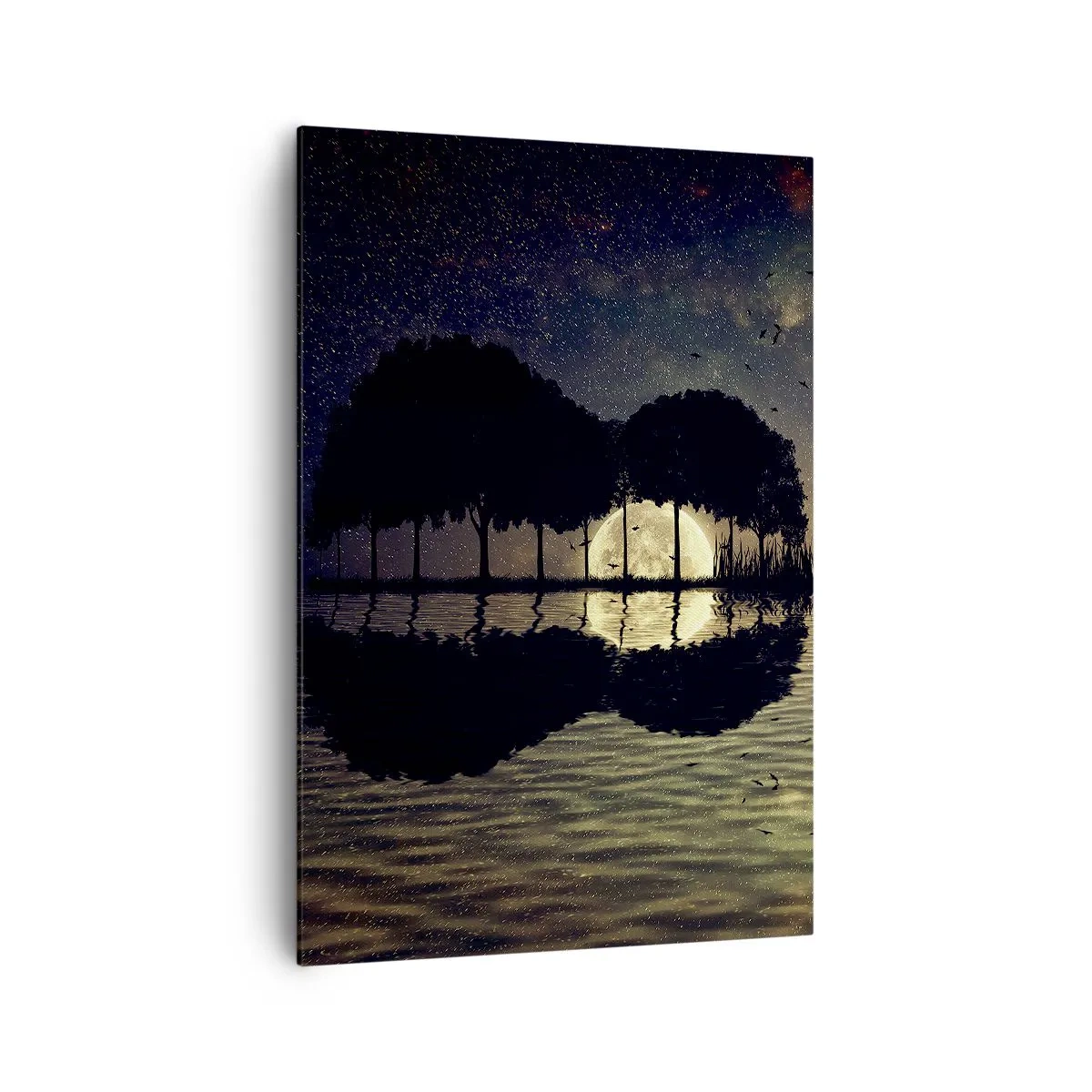 Impression sur toile - Image sur toile - Une nuit magique avec des arbres et la lune se reflétant sur l'eau - 70x100cm - Nuit au bout du monde - Décoration murale moderne pour le salon et la chambre ARTTOR