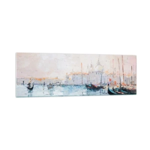 Impression sur verre - Image sur verre - Vue pittoresque des canaux avec des bateaux aux couleurs pastel - 160x50cm - Derrière l'eau, derrière le brouillard - Décoration murale moderne pour le salon et la chambre ARTTOR