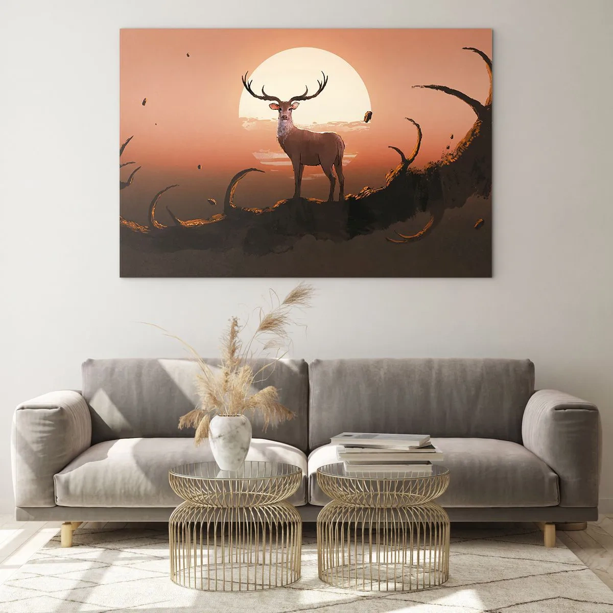 Impression sur verre - Image sur verre - Silhouette d'un cerf sur fond de grande lune entourée de branches - 100x70cm - Cette nuit ne ressemble à aucune autre - Décoration murale moderne pour le salon et la chambre ARTTOR