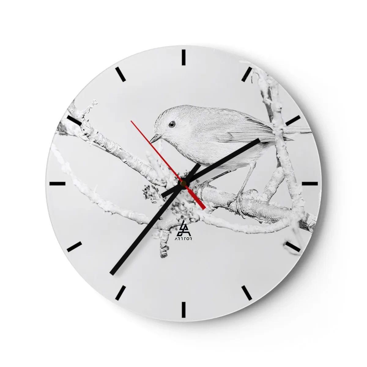 Horloge murale - Pendule murale - Un oiseau sur une branche enneigée dans un style monochrome esquissé. - 30x30cm - Matin d'hiver - Décoration murale moderne pour le salon, la cuisine et la chambre ARTTOR