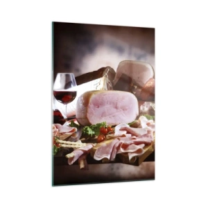 Impression sur verre - Image sur verre - Table de cuisine avec charcuterie, vin et légumes frais - 50x70cm - Un rêve culinaire avec une carafe - Décoration murale moderne pour le salon et la chambre ARTTOR