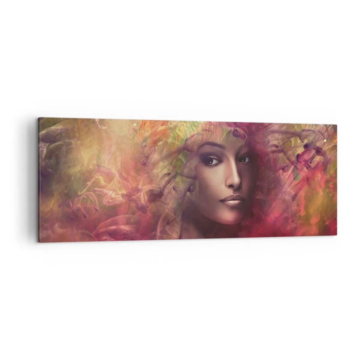 Impression sur toile - Image sur toile - Une femme aux couleurs abstraites créant un arrière-plan dynamique - 140x50cm - Je suis ici! - Décoration murale moderne pour le salon et la chambre ARTTOR