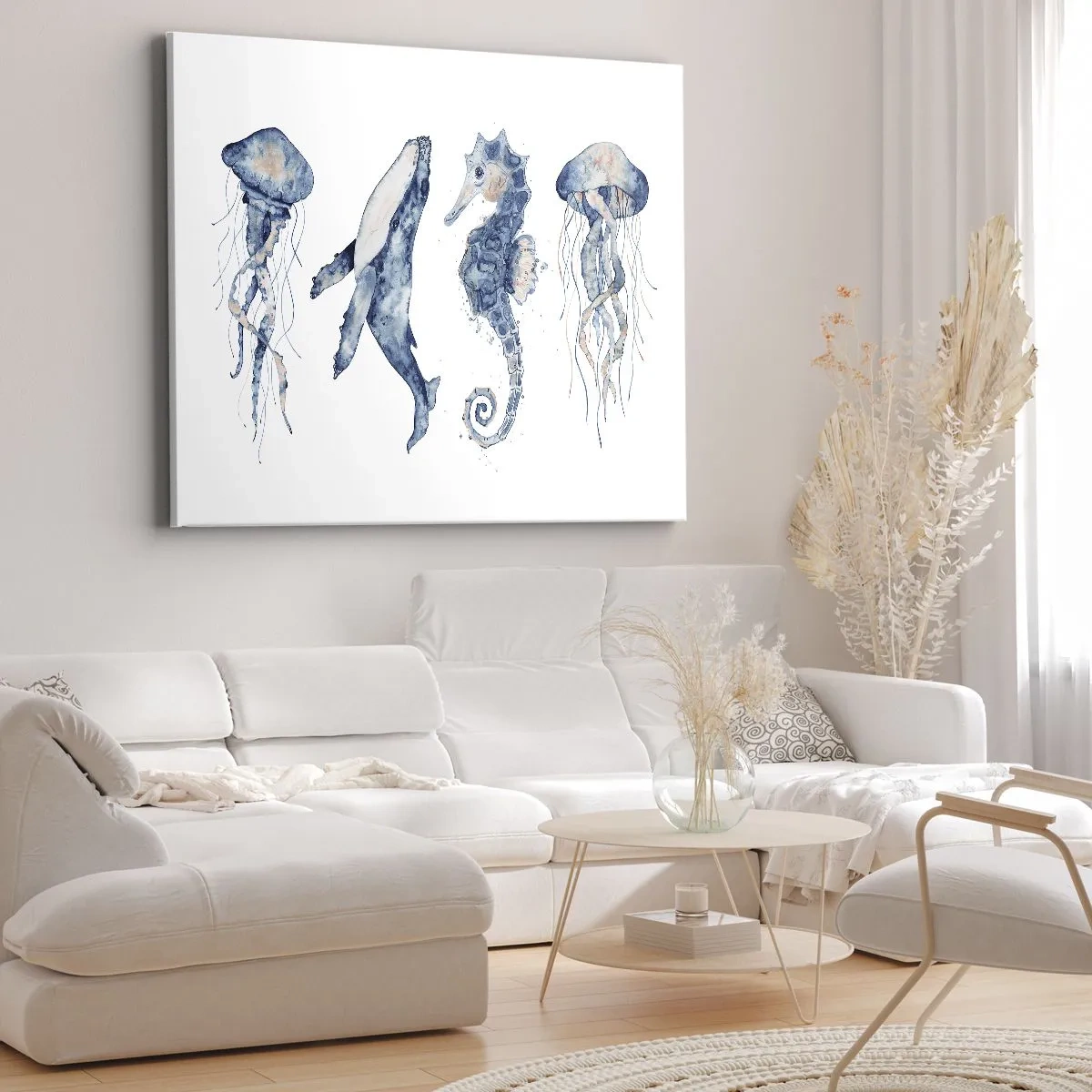 Impression sur toile - Image sur toile - Méduse, baleine et hippocampe dans un style aquarelle - 100x70cm - Merveilles de la mer - Décoration murale moderne pour le salon et la chambre ARTTOR