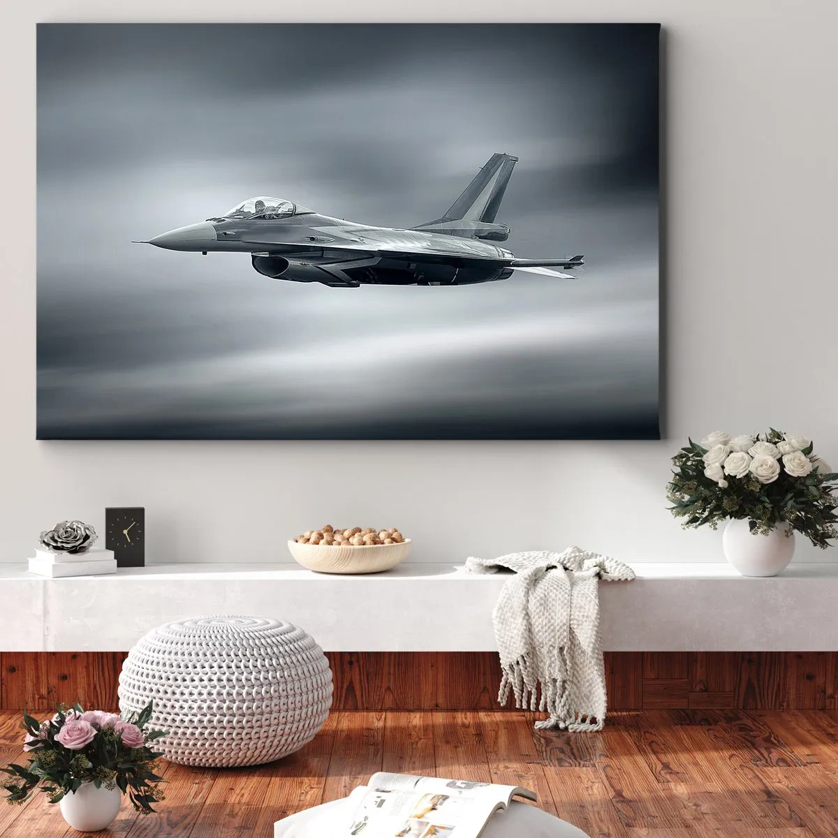 Impression sur toile - Image sur toile - Un avion de chasse en vol contre un ciel nuageux - 100x70cm - Acceptez-vous le défi? - Décoration murale moderne pour le salon et la chambre ARTTOR