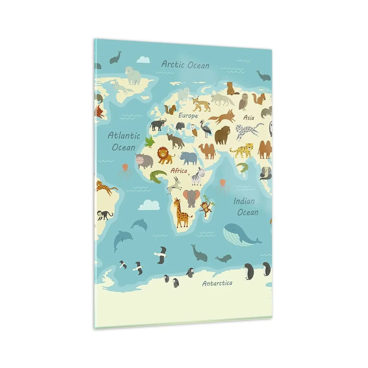 Impression sur verre - Image sur verre - Carte du monde avec des illustrations d'animaux - 80x120cm - De bons voisins - Décoration murale moderne pour le salon et la chambre ARTTOR