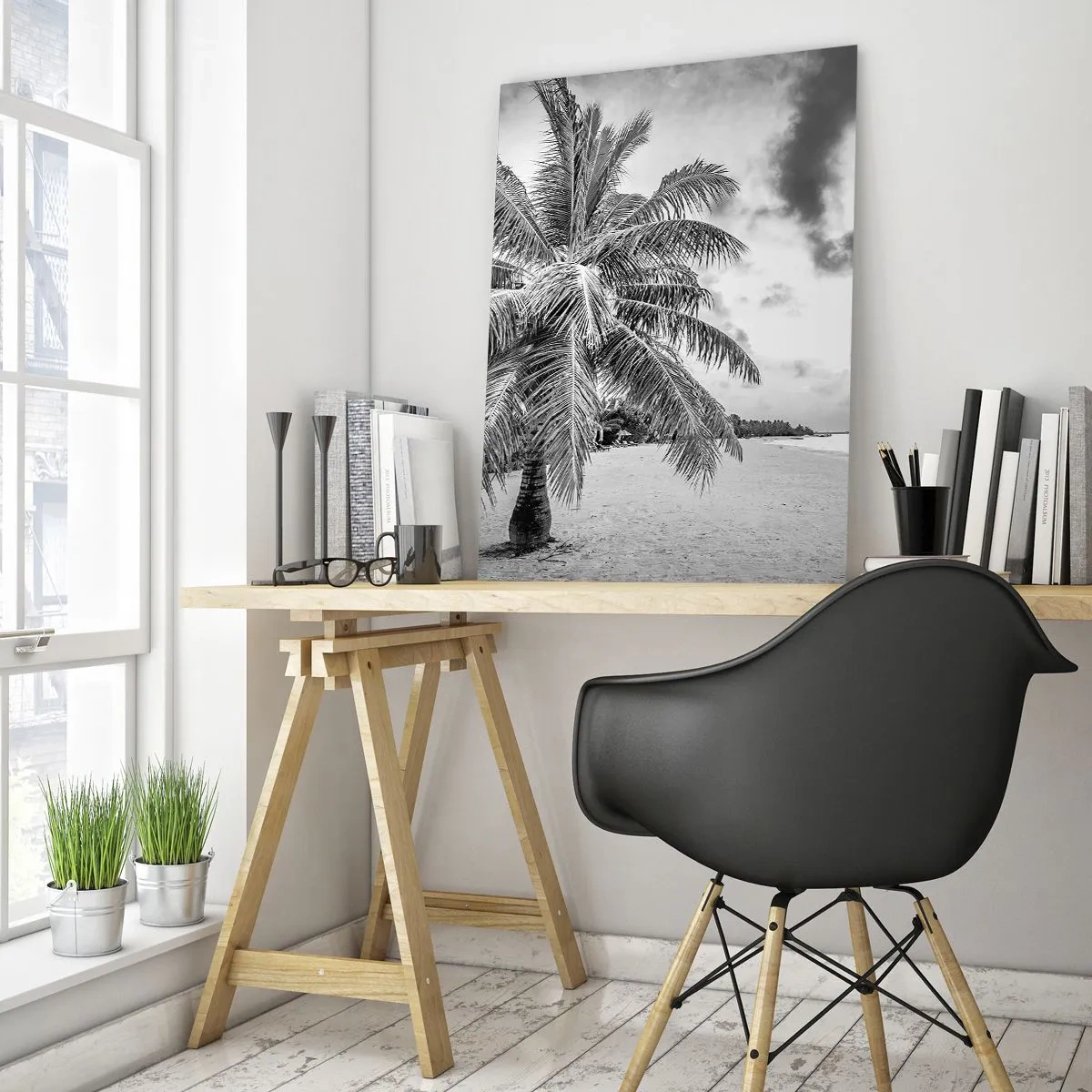 Impression sur verre - Image sur verre - Palmier noir et blanc sur une plage déserte avec des nuages - 70x100cm - Quand tu aspires à la solitude - Décoration murale moderne pour le salon et la chambre ARTTOR