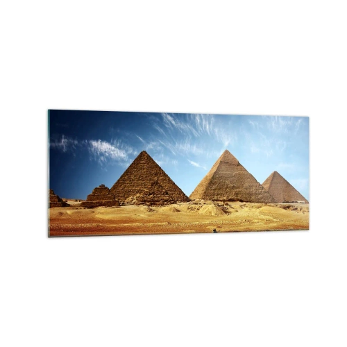 Impression sur verre - Image sur verre - Les pyramides de Gizeh contre un ciel bleu et un paysage désertique - 120x50cm - 40 siècles vous regardent - Décoration murale moderne pour le salon et la chambre ARTTOR