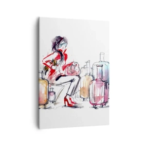 Impression sur toile - Image sur toile - Une femme avec des valises dans une illustration aquarelle dynamique - 50x70cm - Asseyons-nous avant le voyage - Décoration murale moderne pour le salon et la chambre ARTTOR