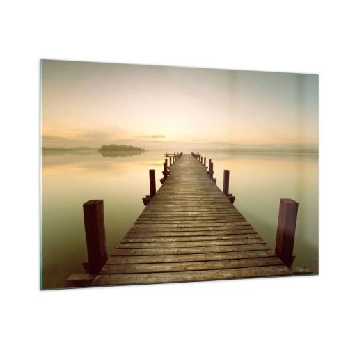 Impression sur verre - Image sur verre - Une jetée en bois sur un lac calme à l'aube - 100x70cm - L'aube, les premières lueurs, le jour  - Décoration murale moderne pour le salon et la chambre ARTTOR