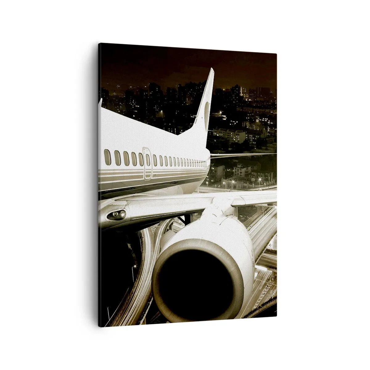 Impression sur toile - Image sur toile - Un avion au-dessus d'une ville nocturne avec des autoroutes illuminées - 50x70cm - Vole dans la nuit - Décoration murale moderne pour le salon et la chambre ARTTOR