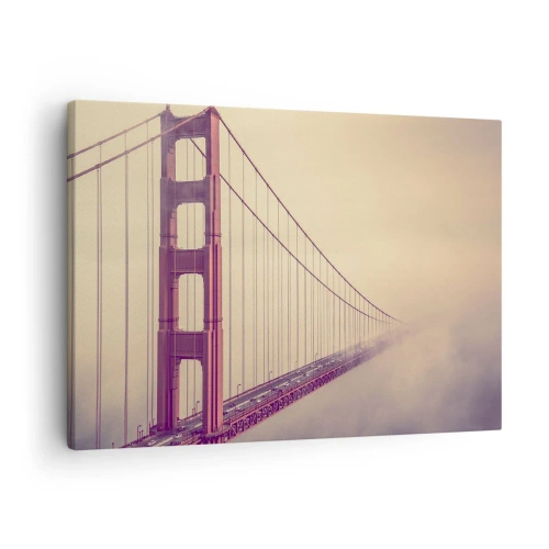 Impression sur toile - Image sur toile - Un pont dans le brouillard aux tons pastel, symbole d'élégance et de paix - 70x50cm - Entre ciel et terre - Décoration murale moderne pour le salon et la chambre ARTTOR