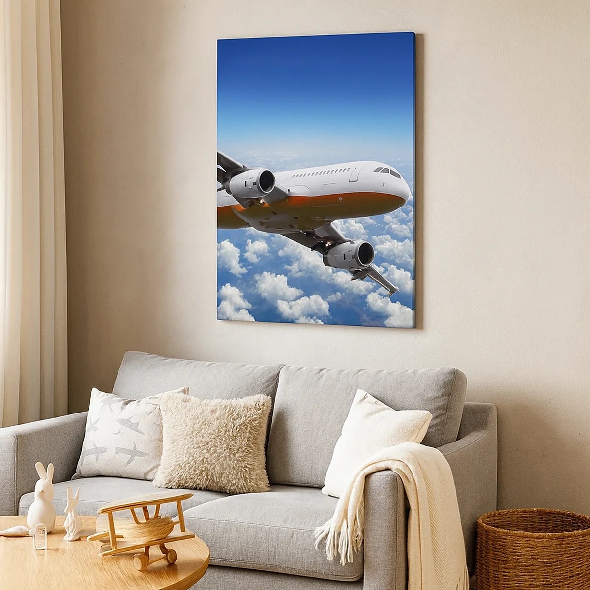 Impression sur toile - Image sur toile - Un avion de ligne volant au-dessus des nuages contre un ciel bleu. - 50x70cm - Éloignez-vous de tout - Décoration murale moderne pour le salon et la chambre ARTTOR
