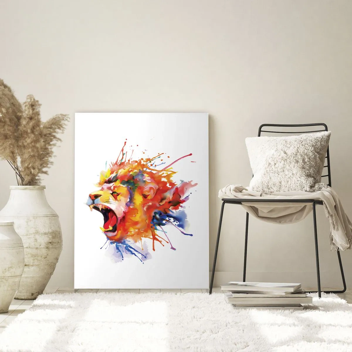 Impression sur verre - Image sur verre - Lion coloré dans un style aquarelle sur fond blanc - 50x70cm - exploser de colère - Décoration murale moderne pour le salon et la chambre ARTTOR