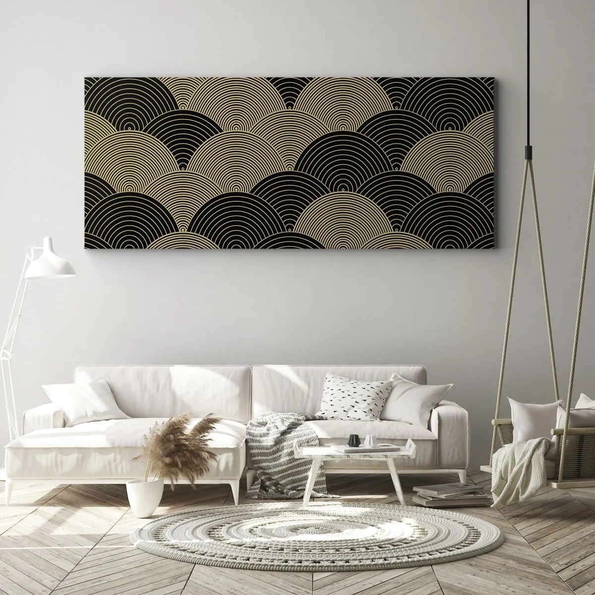 Impression sur toile - Image sur toile - Motif Art Déco avec demi-cercles et lignes dorées - 120x50cm - Unité dans la multiplicité - Décoration murale moderne pour le salon et la chambre ARTTOR