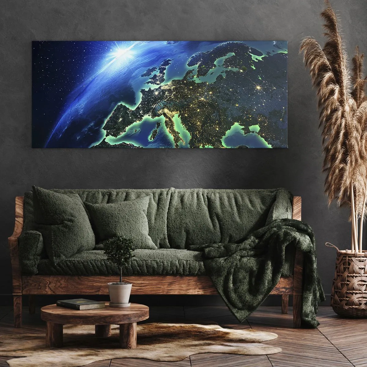 Impression sur toile - Image sur toile - Une vue d'Europe depuis l'espace à la lueur du soleil levant. - 160x50cm - Europe pétillante - Décoration murale moderne pour le salon et la chambre ARTTOR