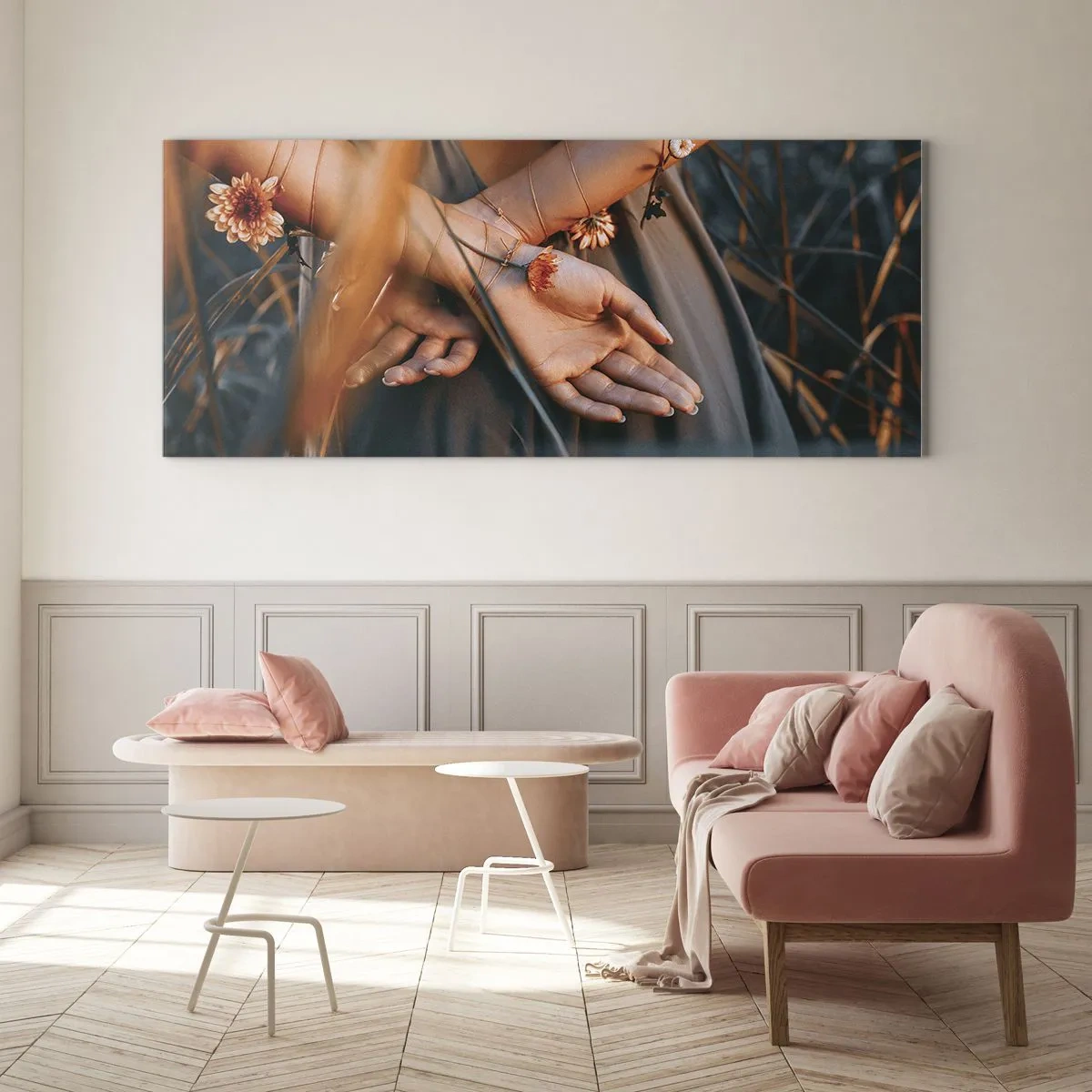 Impression sur verre - Image sur verre - Mains sensuelles avec des fleurs dans un cadre naturel - 160x50cm - Liée à la nature - Décoration murale moderne pour le salon et la chambre ARTTOR