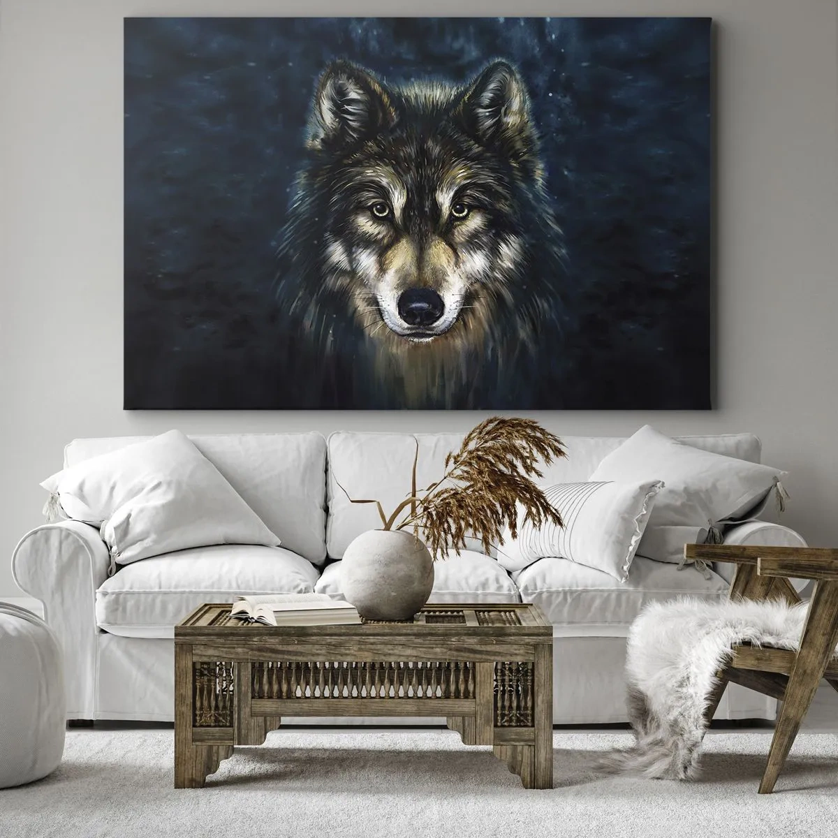 Impression sur toile - Image sur toile - Portrait d'un loup sur fond bleu foncé - 70x50cm - Alpha? Et oméga - Décoration murale moderne pour le salon et la chambre ARTTOR