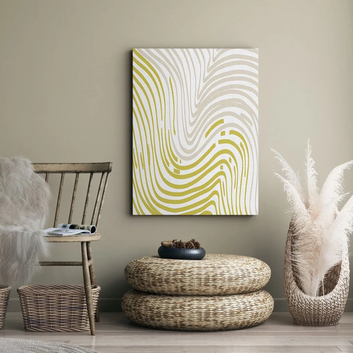 Impression sur toile - Image sur toile - Un motif abstrait avec des lignes ondulées dans des tons de jaune et de beige. - 80x120cm - Une composition au léger virage - Décoration murale moderne pour le salon et la chambre ARTTOR