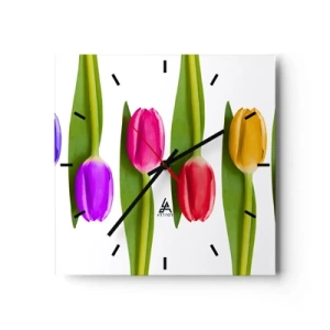 Horloge murale - Pendule murale - Tulipes multicolores disposées en rangée sur fond blanc - 30x30cm - Composition arc-en-ciel - Décoration murale moderne pour le salon et la chambre ARTTOR