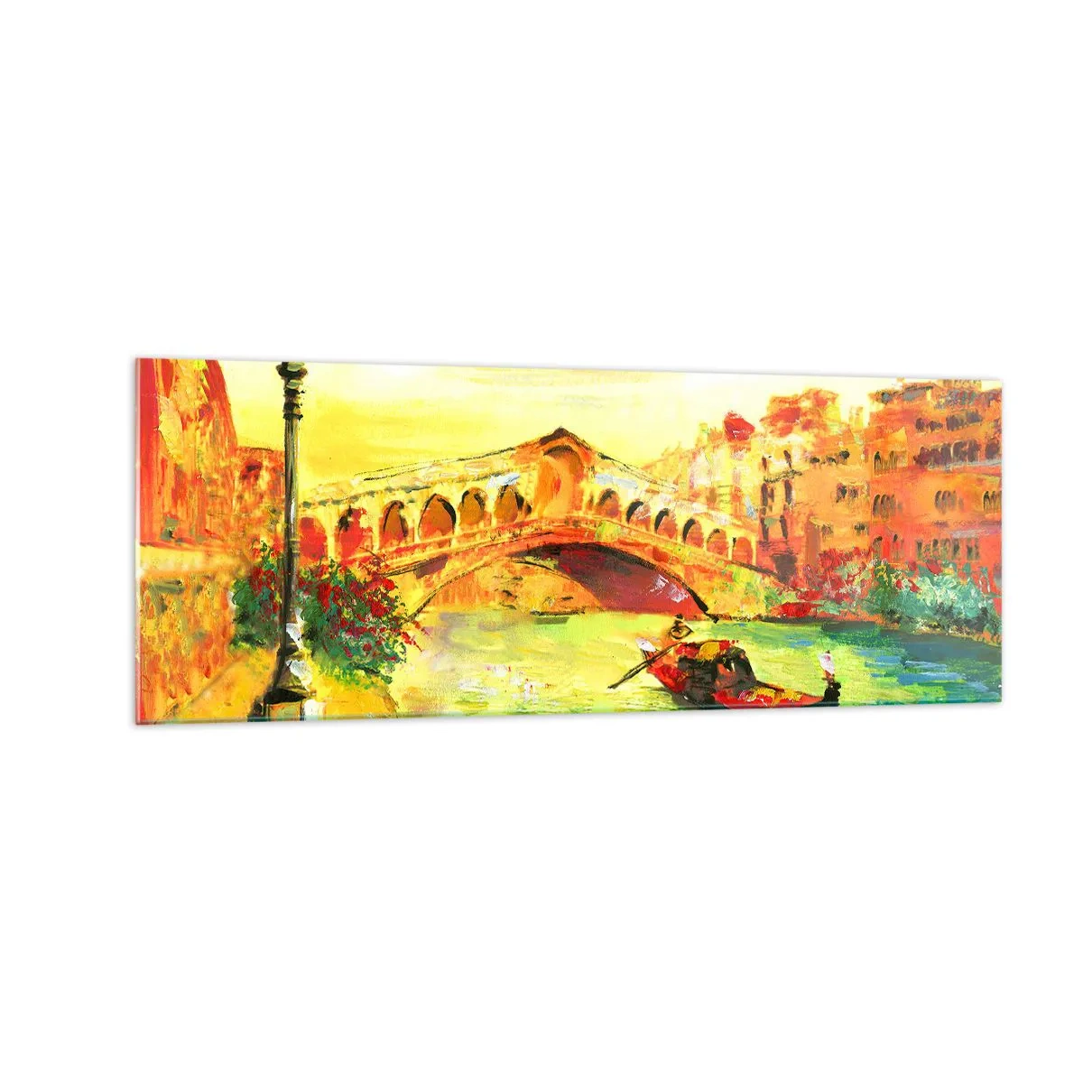 Impression sur verre - Image sur verre - Un pont pittoresque sur le canal avec une gondole à la lumière du soleil couchant - 140x50cm - Un pèlerinage d'amoureux - Décoration murale moderne pour le salon et la chambre ARTTOR