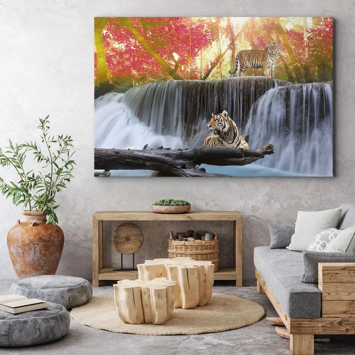 Impression sur toile - Image sur toile - Tigres près d'une cascade dans la forêt d'automne - 120x80cm - Paysage surréaliste - Décoration murale moderne pour le salon et la chambre ARTTOR