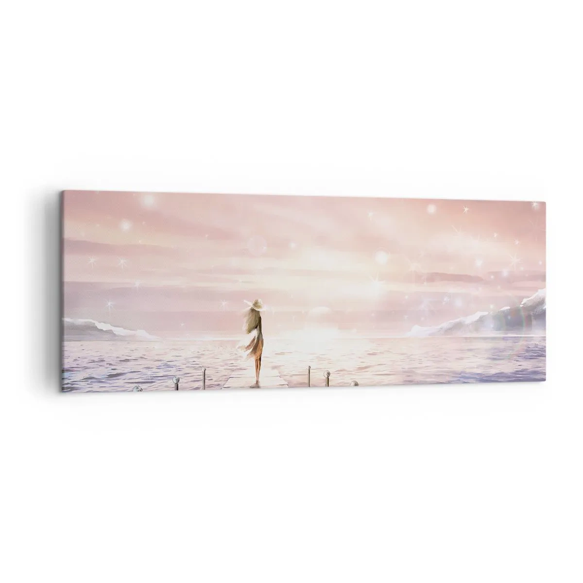 Impression sur toile - Image sur toile - Une femme sur une jetée dans un décor de coucher de soleil magique - 140x50cm - A la lumière d'un rêve - Décoration murale moderne pour le salon et la chambre ARTTOR
