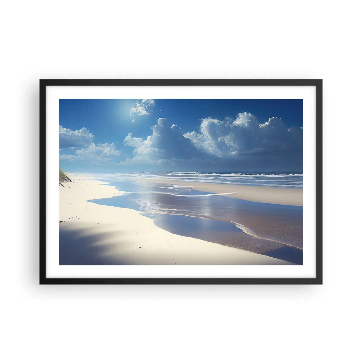 Affiche dans un cadre noir - Poster - Une plage de sable avec des vagues sous un ciel bleu - 70x50cm - Des vacances paradisiaques - Décoration murale moderne pour le salon et la chambre ARTTOR